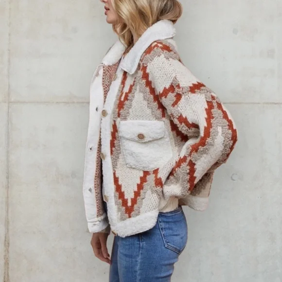 New Boho Aztec Print Sweater Sherpa Trim Coat LAST ONE! - Picture 4 of 5